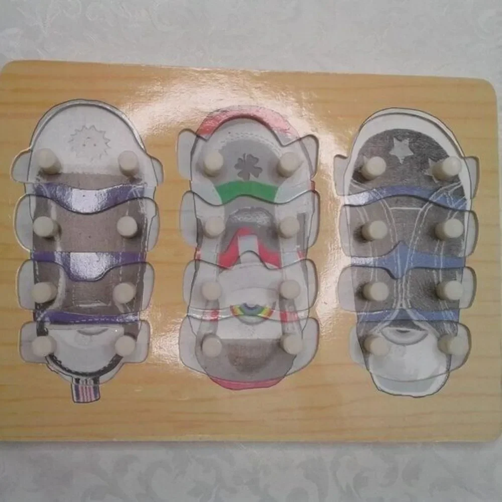Wooden Shoe Tie Lacing Threading Board Matching Puzzle Educational Preschool Toy